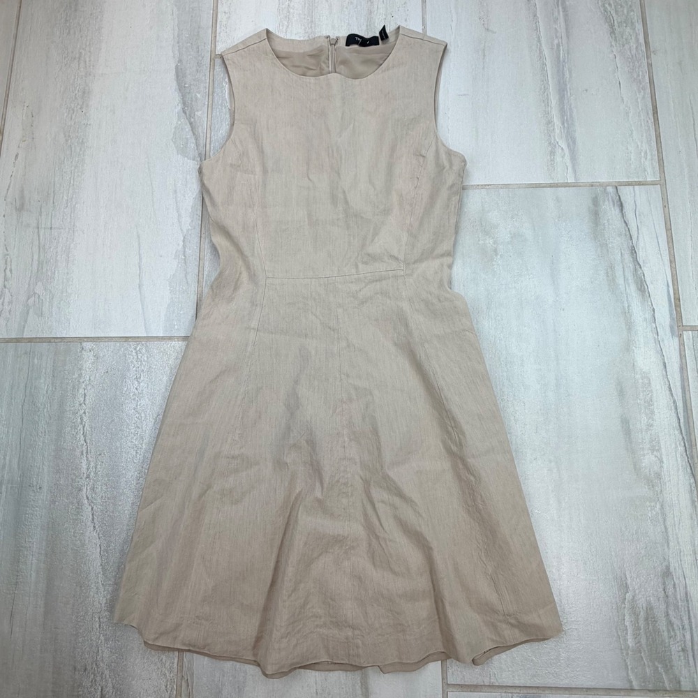 Theory Albita SL Soft Crunch Mel Linen Blend Beige Fit Flare Dress Size 0